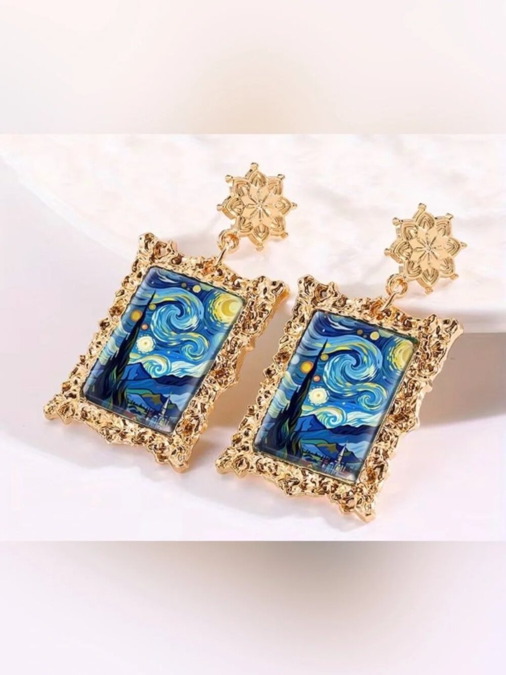 New Van Gogh Painting Framed Earrings Gold Starry Night Artwork Dangle Star